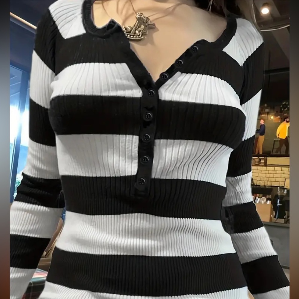Black and White Striped Button Long Sleeve